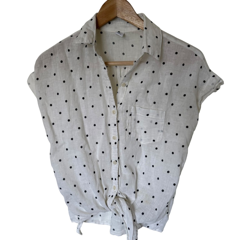 Old Navy Button Down Top Women XS White Good Polka Dot Tie Front Short Sleeve